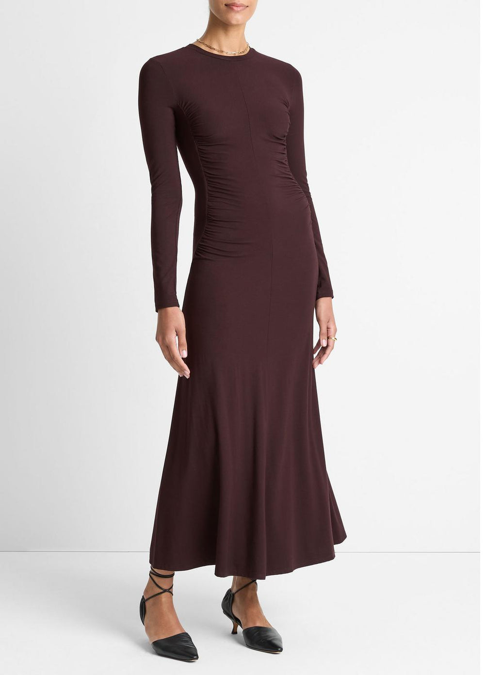 Ruched-Seam Long-Sleeve Dress in Dresses - DARK FIG | VINCE Women