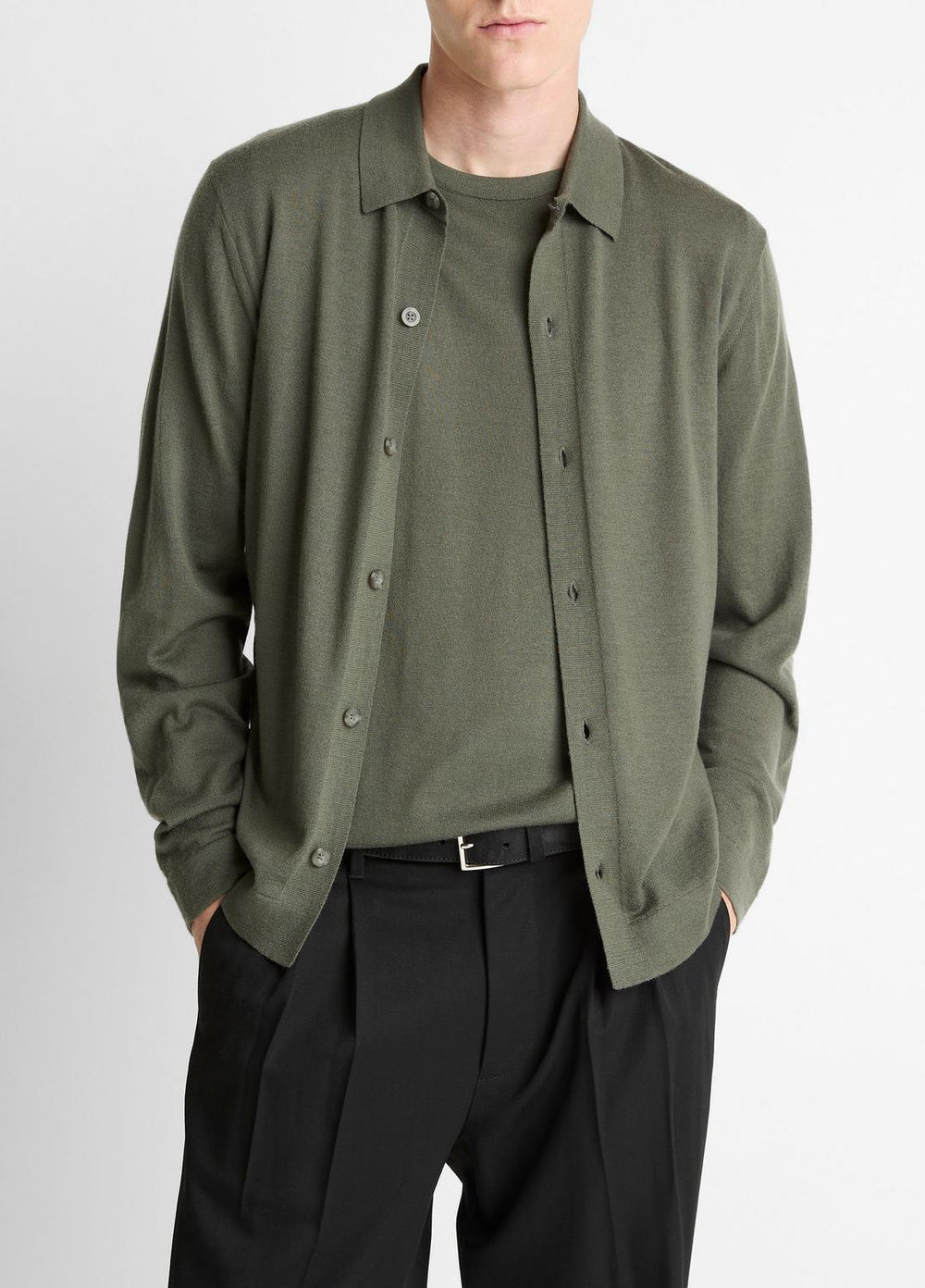 Featherweight Merino Wool-Cashmere Sweater Shirt in Long Sleeve - SYCAMORE | VINCE Men
