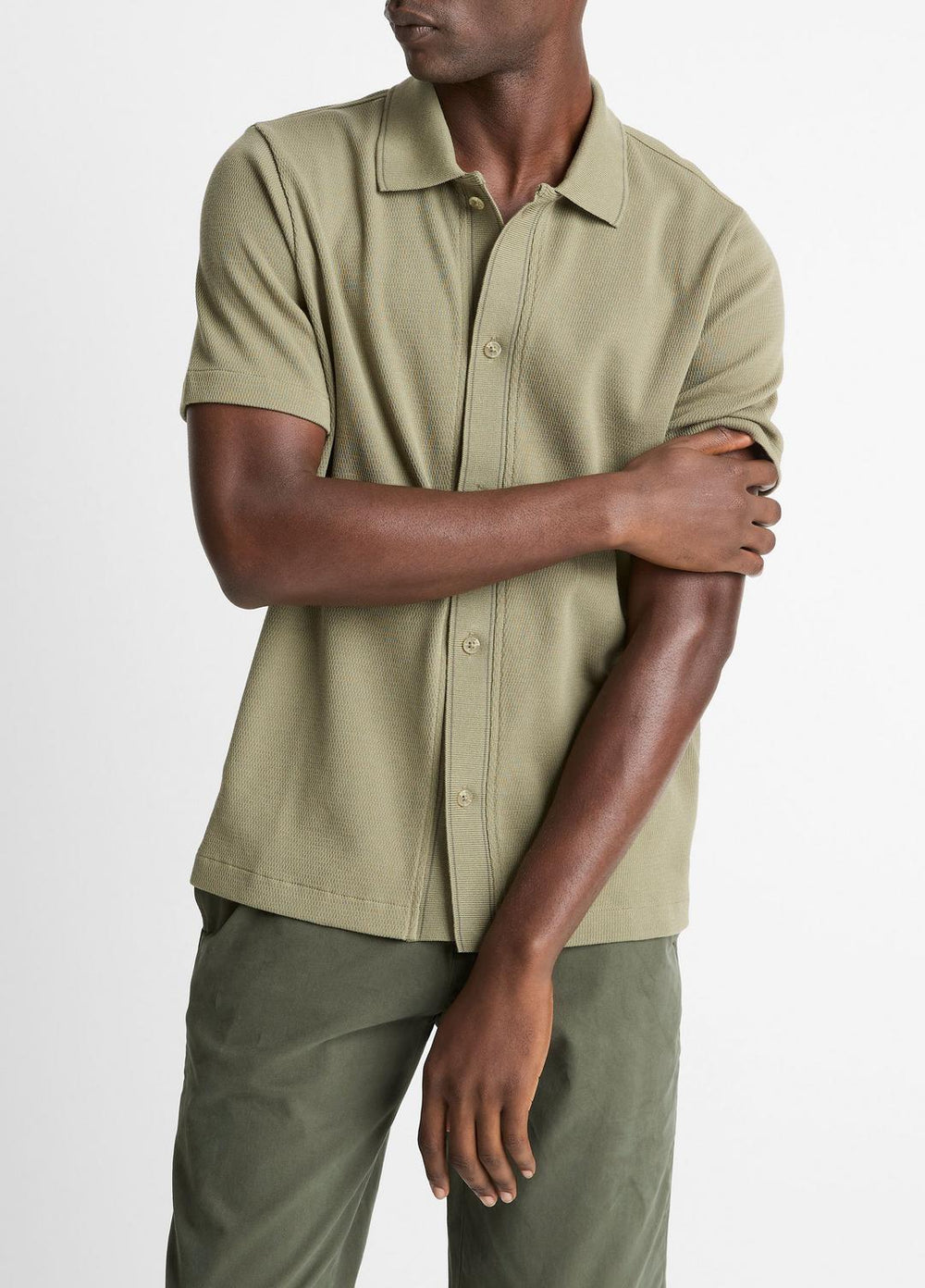 Jacquard-Knit Cotton Short-Sleeve Button-Front Shirt in Short Sleeve - SAGE/SYCAMORE | VINCE Men