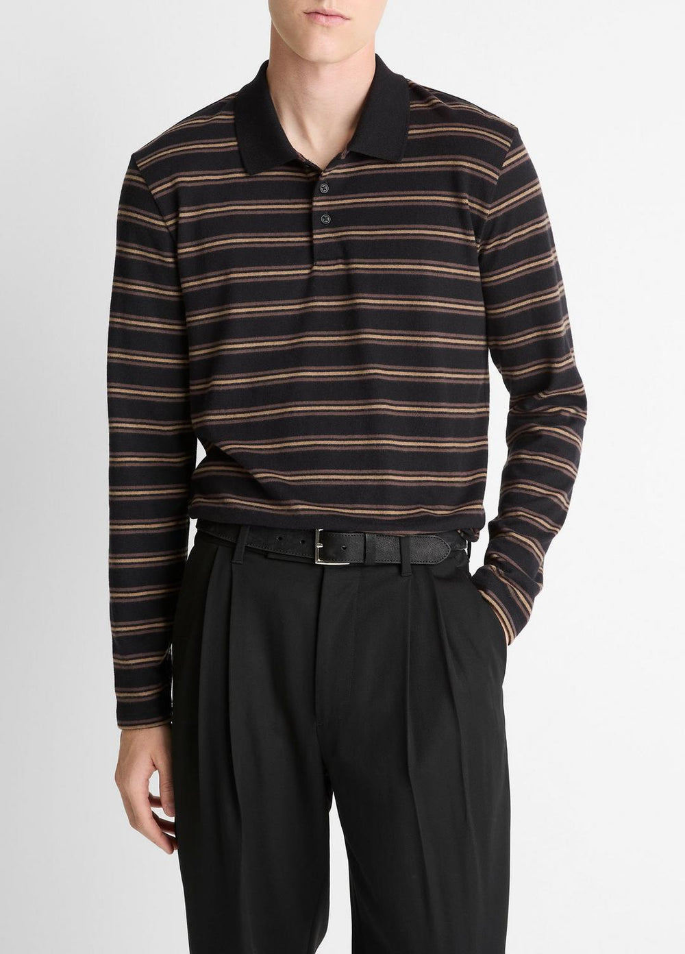 Striped Cotton-Blend Long-Sleeve Polo Shirt in Henleys & Polos - BLACK COMBO | VINCE Men