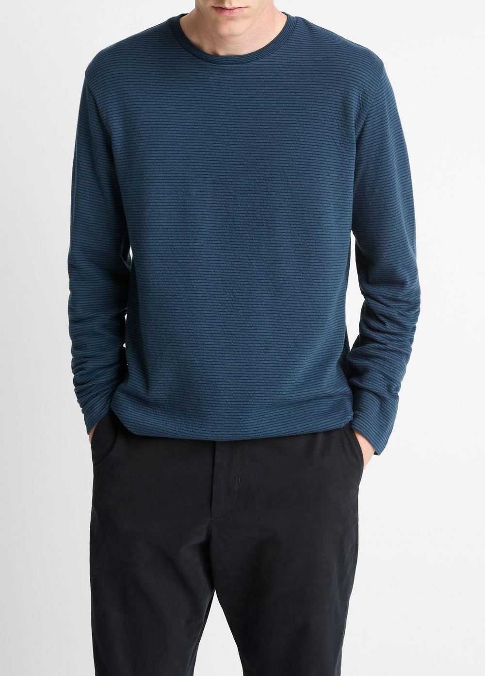 Striped Double-Knit Pima Cotton Long-Sleeve T-Shirt in Long Sleeve - CLEAR LAKE/RAPIDS | VINCE Men