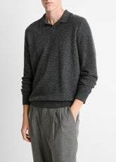 Feed Stripe Plush Cashmere Johnny-Collar Sweater in Cashmere - BLACK/MEDIUM HEATHER GREY | VINCE Men