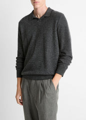 Feed Stripe Plush Cashmere Johnny-Collar Sweater in Cashmere - BLACK/MEDIUM HEATHER GREY | VINCE Men