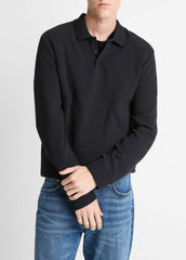 Basket-Weave Cotton Long-Sleeve Polo Shirt in Henleys & Polos - COASTAL BLUE | VINCE Men