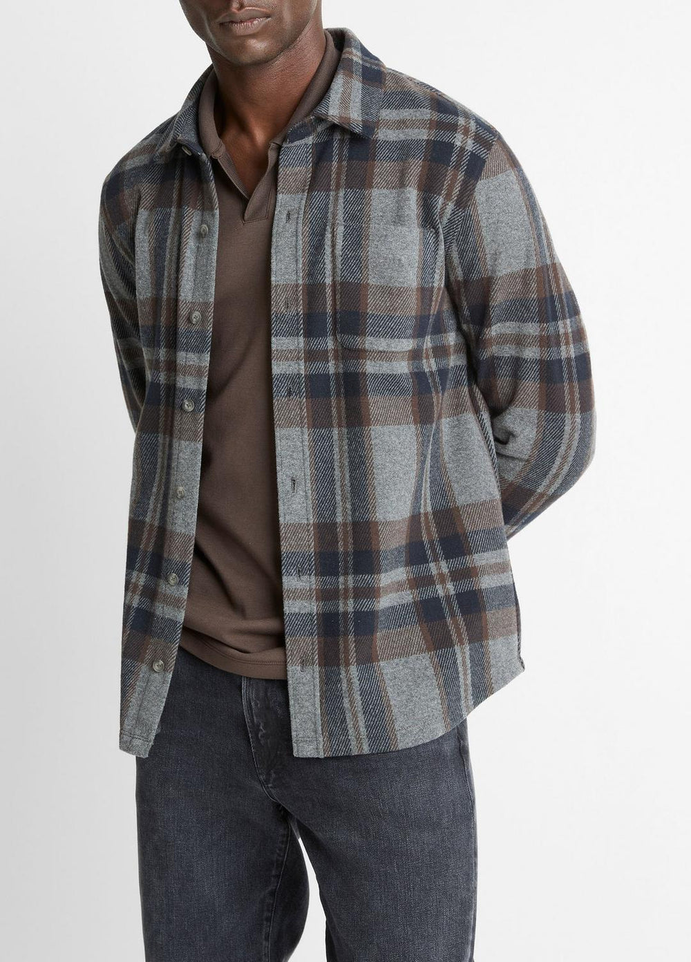 Plaid Cotton-Blend Shirt Jacket in Shirt Jackets - MEDIUM HEATHER GREY COMBO | VINCE Men