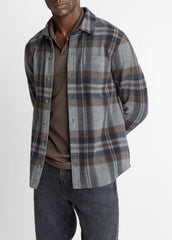 Plaid Cotton-Blend Shirt Jacket in Shirt Jackets - MEDIUM HEATHER GREY COMBO | VINCE Men