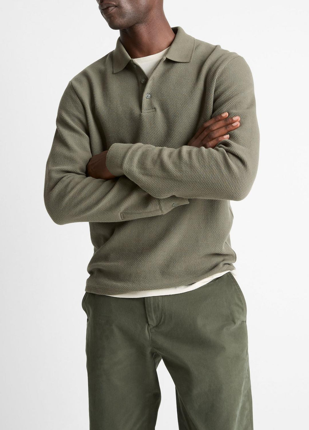 Basket-Weave Cotton Long-Sleeve Polo Shirt in Henleys & Polos - SYCAMORE | VINCE Men