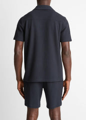 Seersucker-Knit Stretch-Cotton Short-Sleeve Johnny-Collar Shirt in Short Sleeve - COASTAL BLUE | VINCE Men