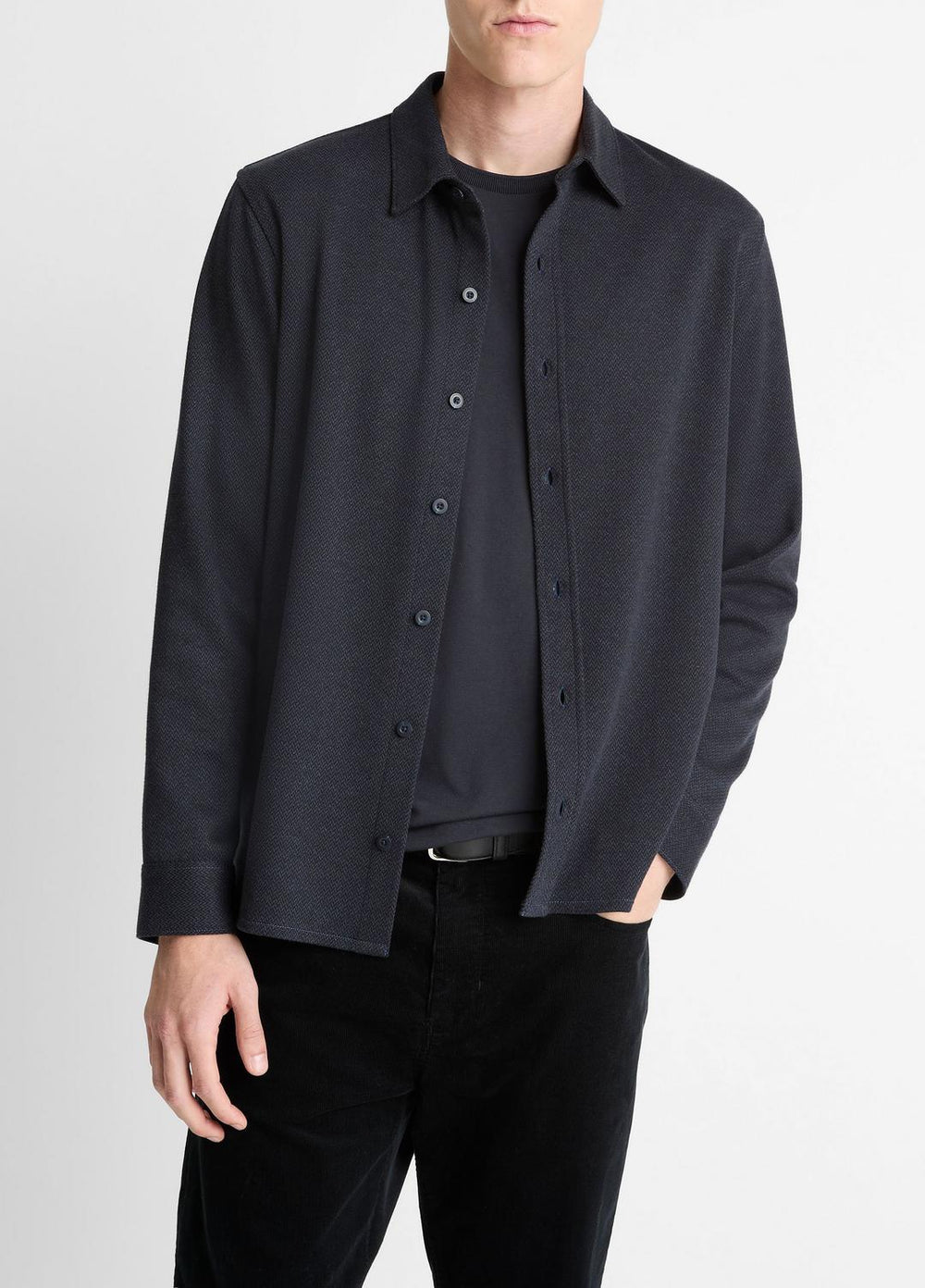 Herringbone Cotton-Blend Button-Front Shirt in Long Sleeve - COASTAL BLUE | VINCE Men