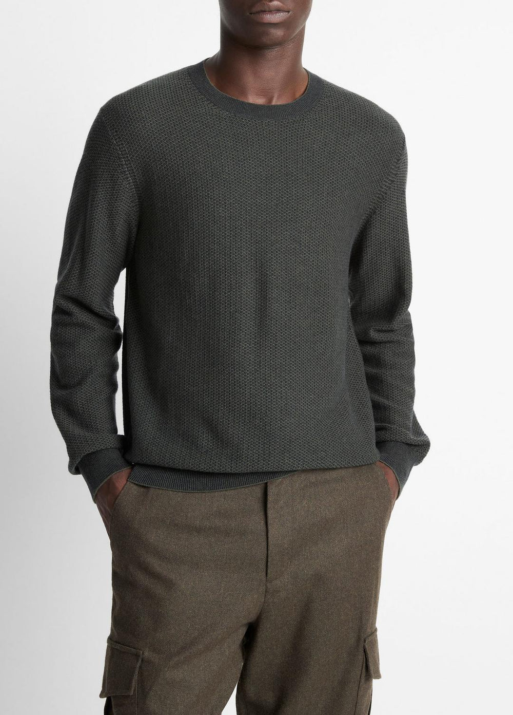 Geo-Jacquard Wool-Blend Crew Neck Sweater in Crew Neck - DRIVER GREEN/COASTAL BLUE | VINCE Men