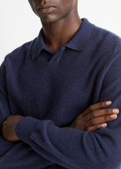Feed Stripe Plush Cashmere Johnny-Collar Sweater in Cashmere - COASTAL BLUE/DARK SAPPHIRE | VINCE Men