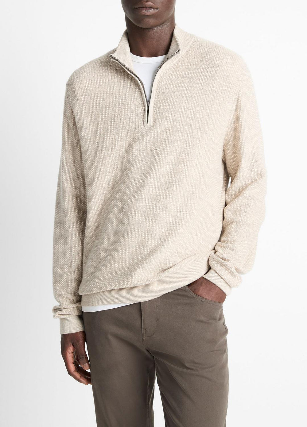 Geo-Jacquard Wool-Blend Quarter-Zip Sweater in Quarter Zip - BRITISH KHAKI/CLASSIC CREAM | VINCE Men