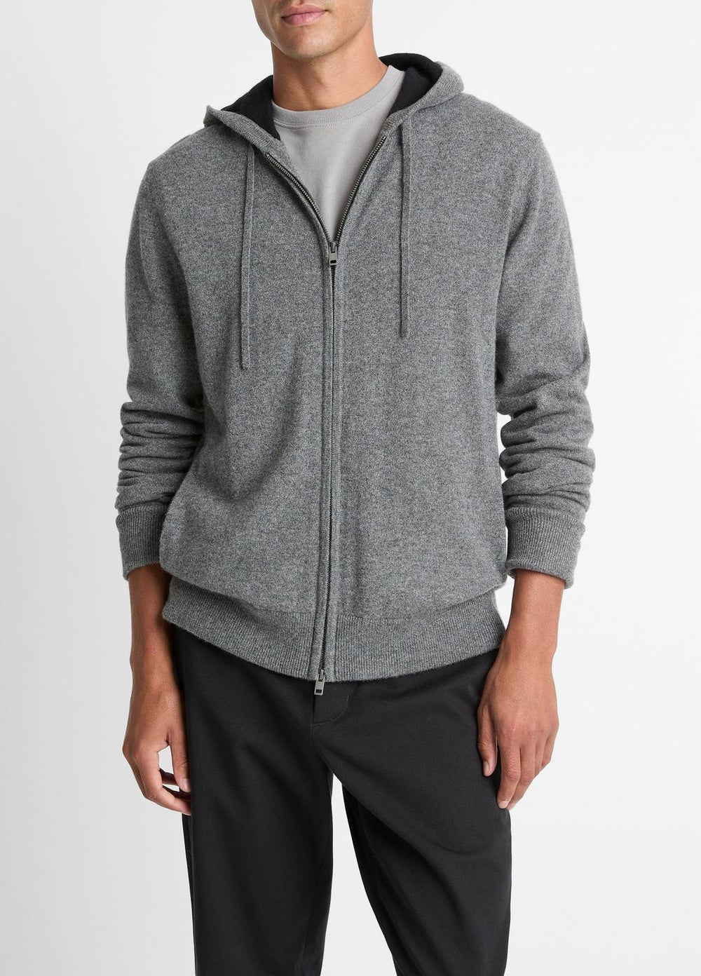 Cashmere Zip-Front Hoodie in Cashmere - MEDIUM HEATHER GREY/BLACK | VINCE Men
