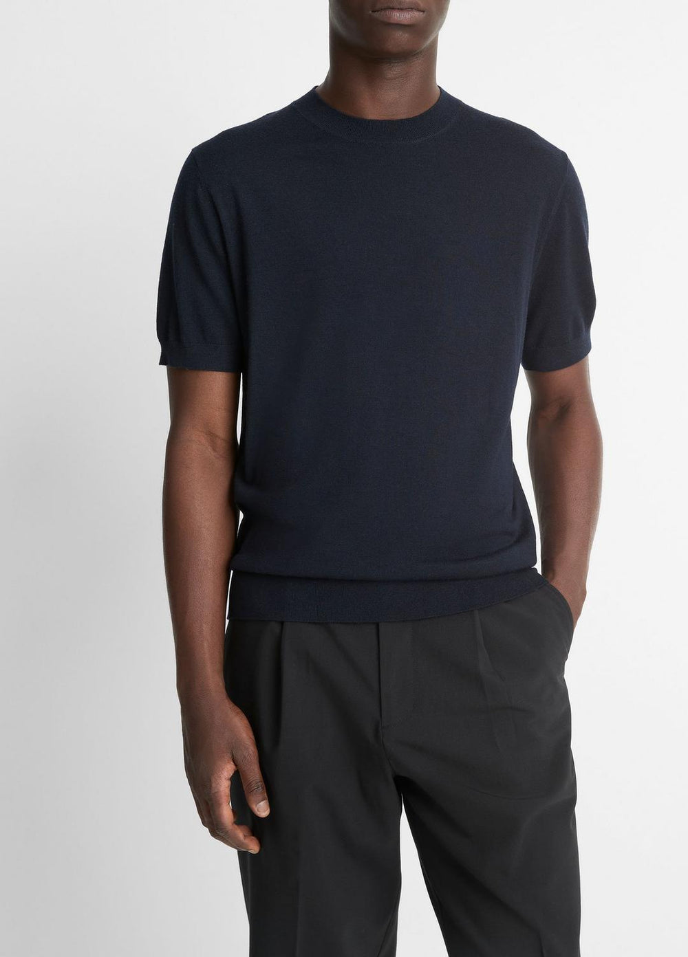 Featherweight Merino Wool-Cashmere Short-Sleeve Sweater in Crew Neck - COASTAL BLUE | VINCE Men