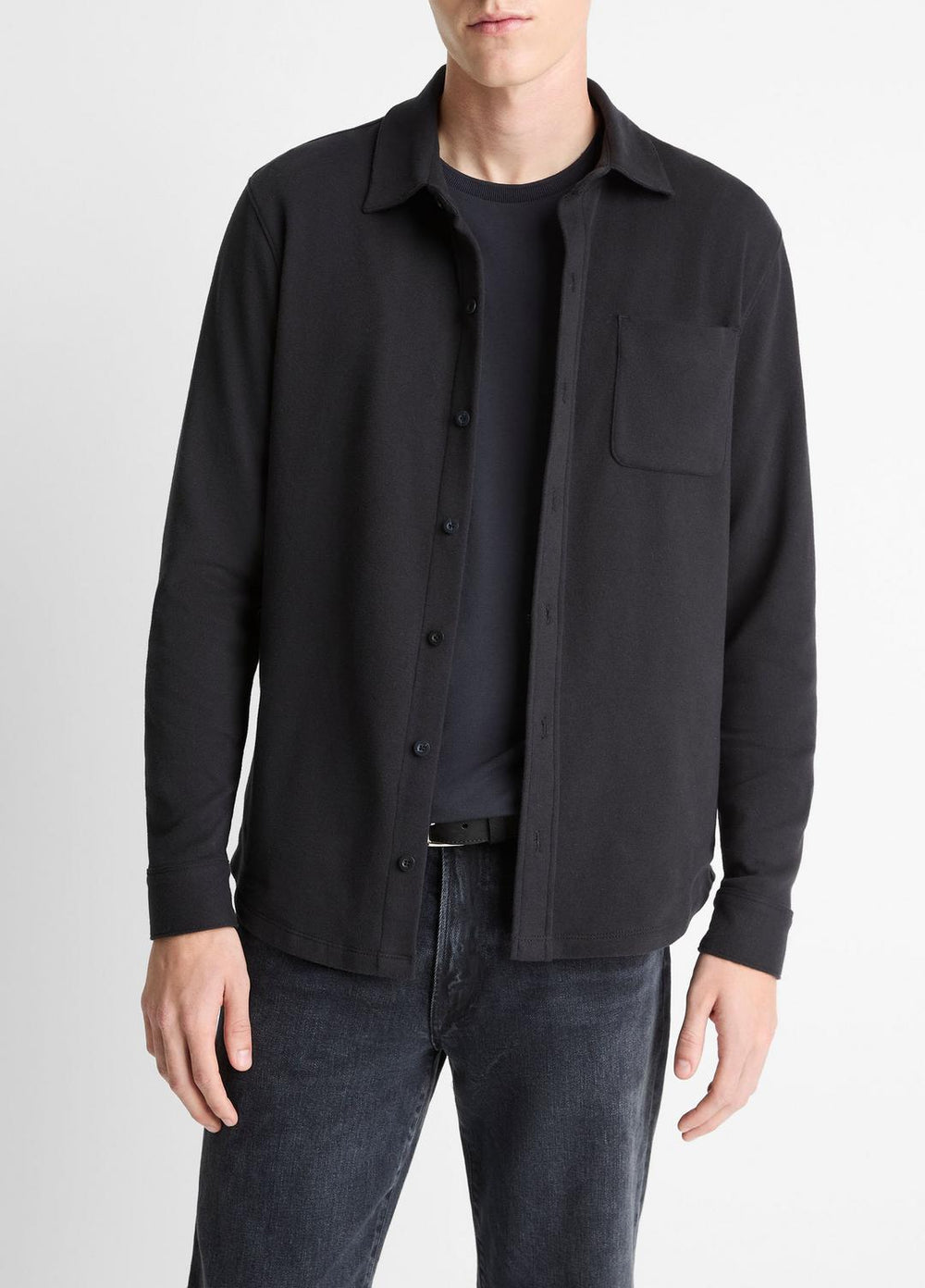 Knit Cotton-Blend Button-Front Shirt in Long Sleeve - BLACK | VINCE Men