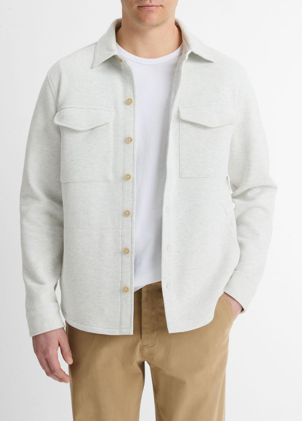 Double-Knit Cotton-Blend Piqué Shirt Jacket in Shirt Jackets - HEATHER WHITE/LIGHT HEATHER GREY | VINCE Men