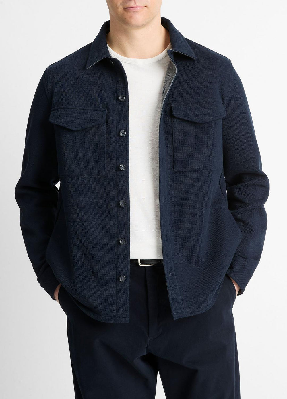 Double-Knit Cotton-Blend Piqué Shirt Jacket in Shirt Jackets - COASTAL BLUE/MEDIUM GREY | VINCE Men