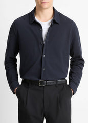 Cotton Piqué Button-Front Shirt in Long Sleeve - COASTAL BLUE | VINCE Men