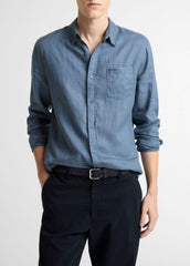 Linen Long-Sleeve Shirt in Long Sleeve - UNIFORM BLUE | VINCE Men