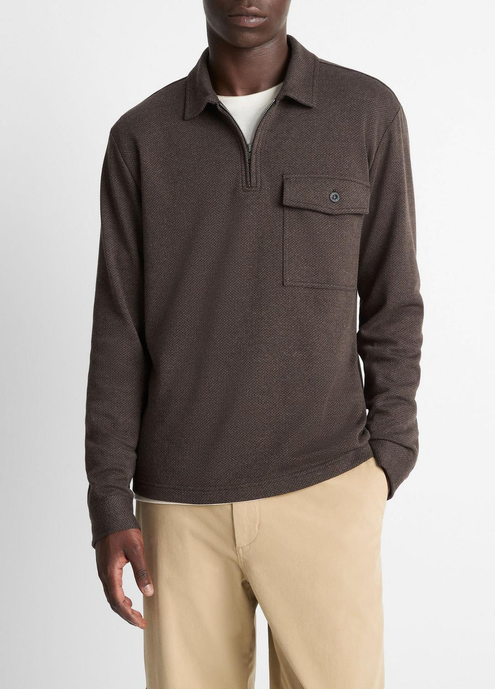 Herringbone Cotton-Blend Zip Polo Shirt in Henleys & Polos - HEATHER DARK ROAST/BLACK | VINCE Men
