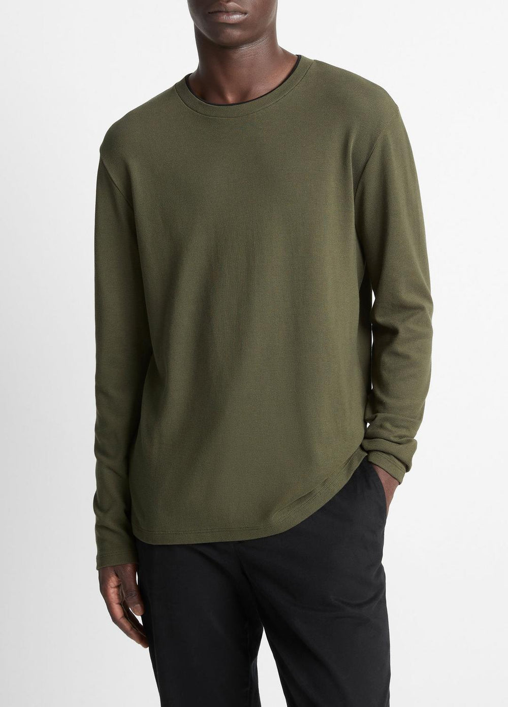 Micro-Waffle Pima Cotton Double-Collar Long-Sleeve T-Shirt in Long Sleeve - DRIVER GREEN/BLACK | VINCE Men