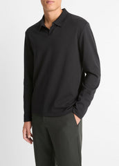 Milano Pima Cotton-Blend Johnny-Collar Shirt in Long Sleeve - BLACK | VINCE Men