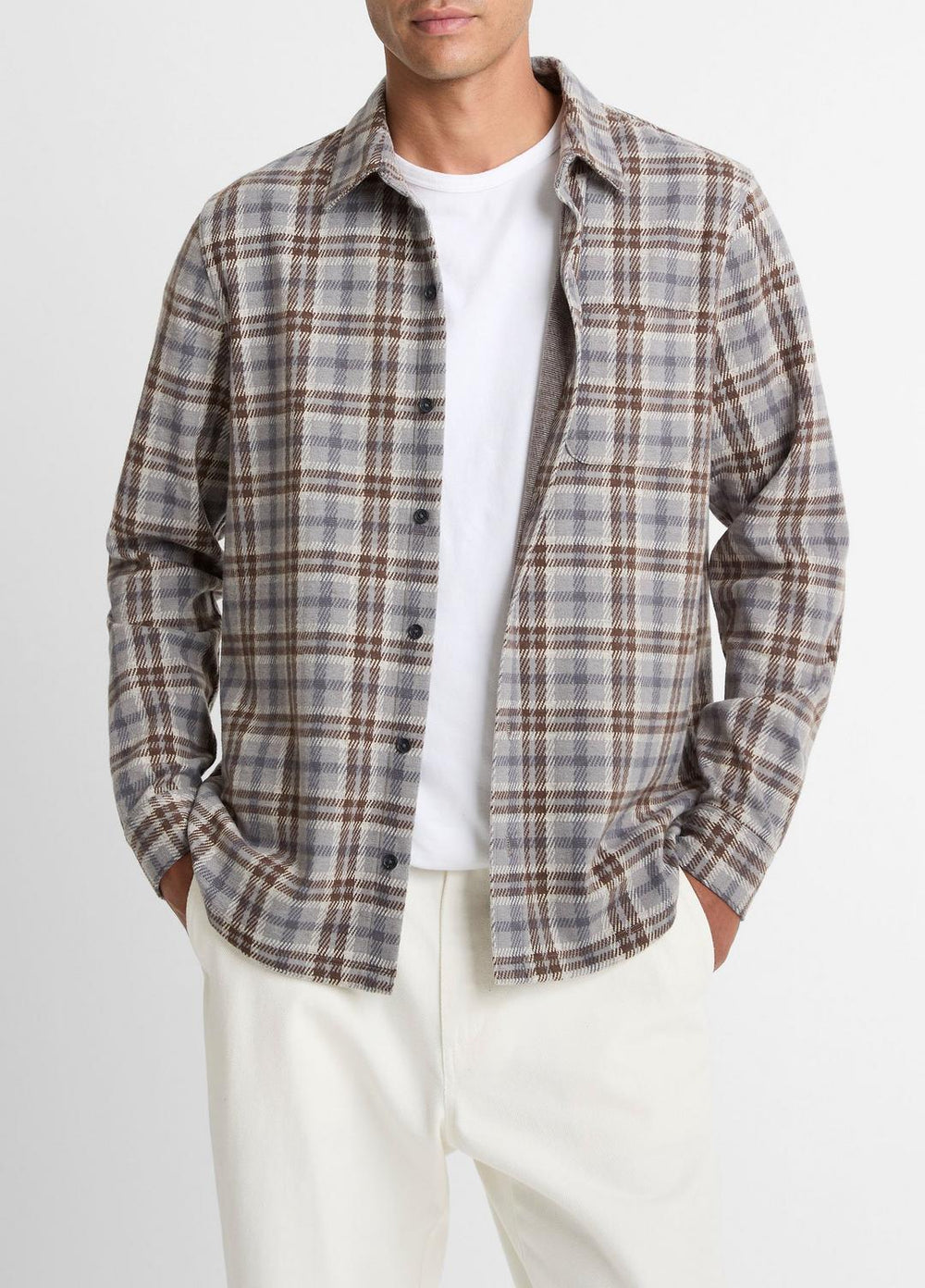 Plaid Cotton-Blend Shirt Jacket in Shirt Jackets - HEATHER FOG COMBO | VINCE Men