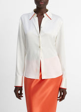 Tipped Silk Button-Front Blouse in Shirts & Tees - OFF WHITE/BRICK ROSE | VINCE Sale
