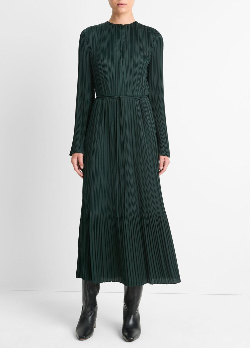 Pleated Satin Long-Sleeve Dress in Dresses & Skirts - MARINE PINE | VINCE Sale