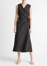 Trellis Plaid Draped Sleeveless Wrap Dress in Dresses & Skirts - BLACK/CREAM | VINCE Sale