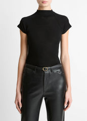 Wool Raglan Cap-Sleeve Mock-Neck Top in Short Sleeve - BLACK | VINCE Women