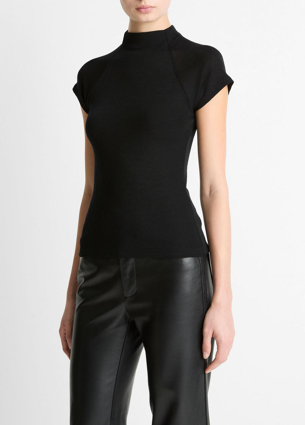 Wool Raglan Cap-Sleeve Mock-Neck Top in Short Sleeve - BLACK | VINCE Women