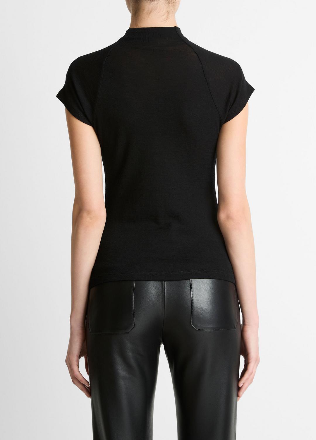 Wool Raglan Cap-Sleeve Mock-Neck Top in Short Sleeve - BLACK | VINCE Women