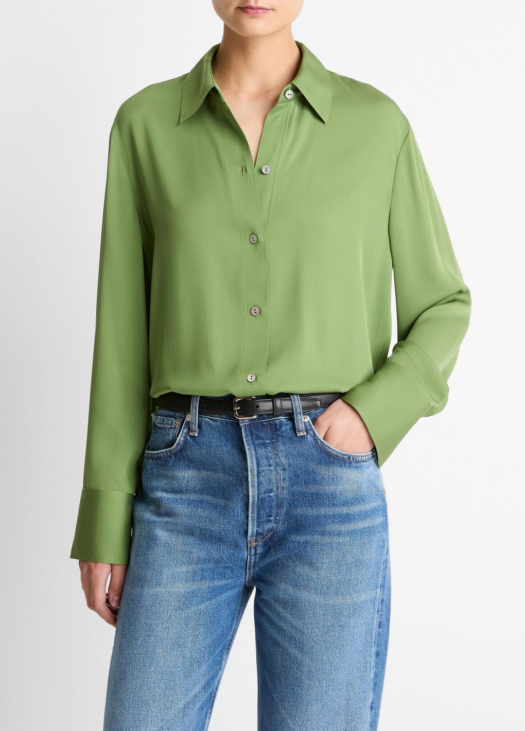 Stretch-Silk Button-Front Blouse in Long Sleeve - CLOVER | VINCE Women