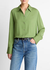 Stretch-Silk Button-Front Blouse in Long Sleeve - CLOVER | VINCE Women