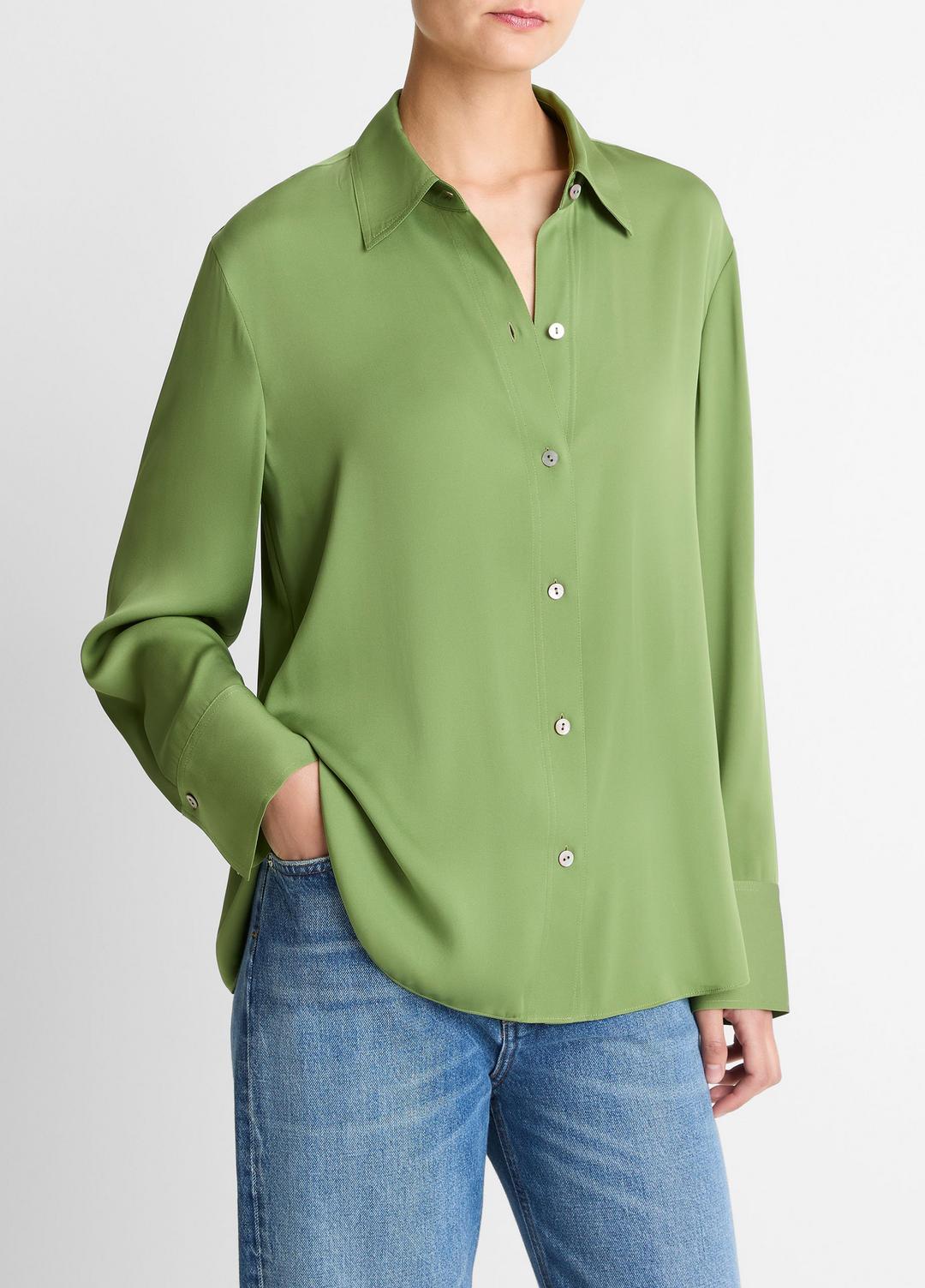 Stretch-Silk Button-Front Blouse in Long Sleeve - CLOVER | VINCE Women