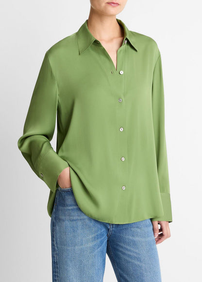 Stretch-Silk Button-Front Blouse in Long Sleeve - CLOVER | VINCE Women