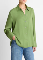 Stretch-Silk Button-Front Blouse in Long Sleeve - CLOVER | VINCE Women