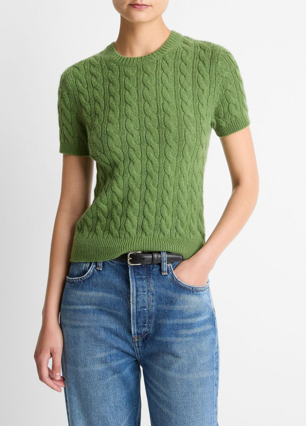 Cable-Knit Wool & Cashmere-Blend Short-Sleeve Sweater in Crew Neck - CLOVER | VINCE Women