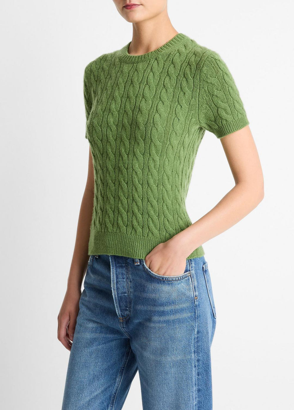 Cable-Knit Wool & Cashmere-Blend Short-Sleeve Sweater in Crew Neck - CLOVER | VINCE Women