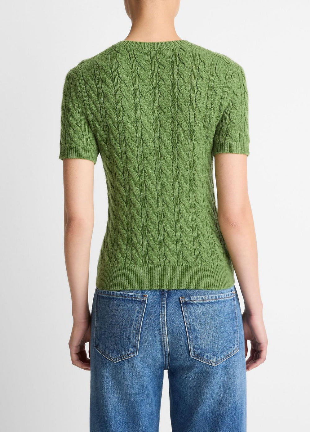 Cable-Knit Wool & Cashmere-Blend Short-Sleeve Sweater in Crew Neck - CLOVER | VINCE Women