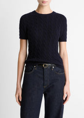 Cable-Knit Wool & Cashmere-Blend Short-Sleeve Sweater in Crew Neck - COASTAL BLUE | VINCE Women