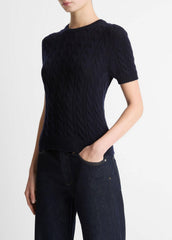 Cable-Knit Wool & Cashmere-Blend Short-Sleeve Sweater in Crew Neck - COASTAL BLUE | VINCE Women