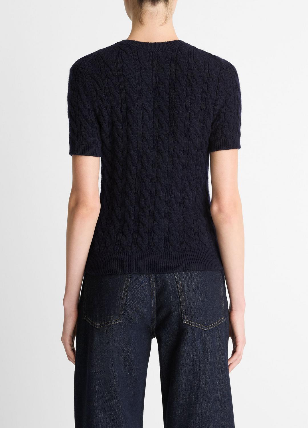 Cable-Knit Wool & Cashmere-Blend Short-Sleeve Sweater in Crew Neck - COASTAL BLUE | VINCE Women