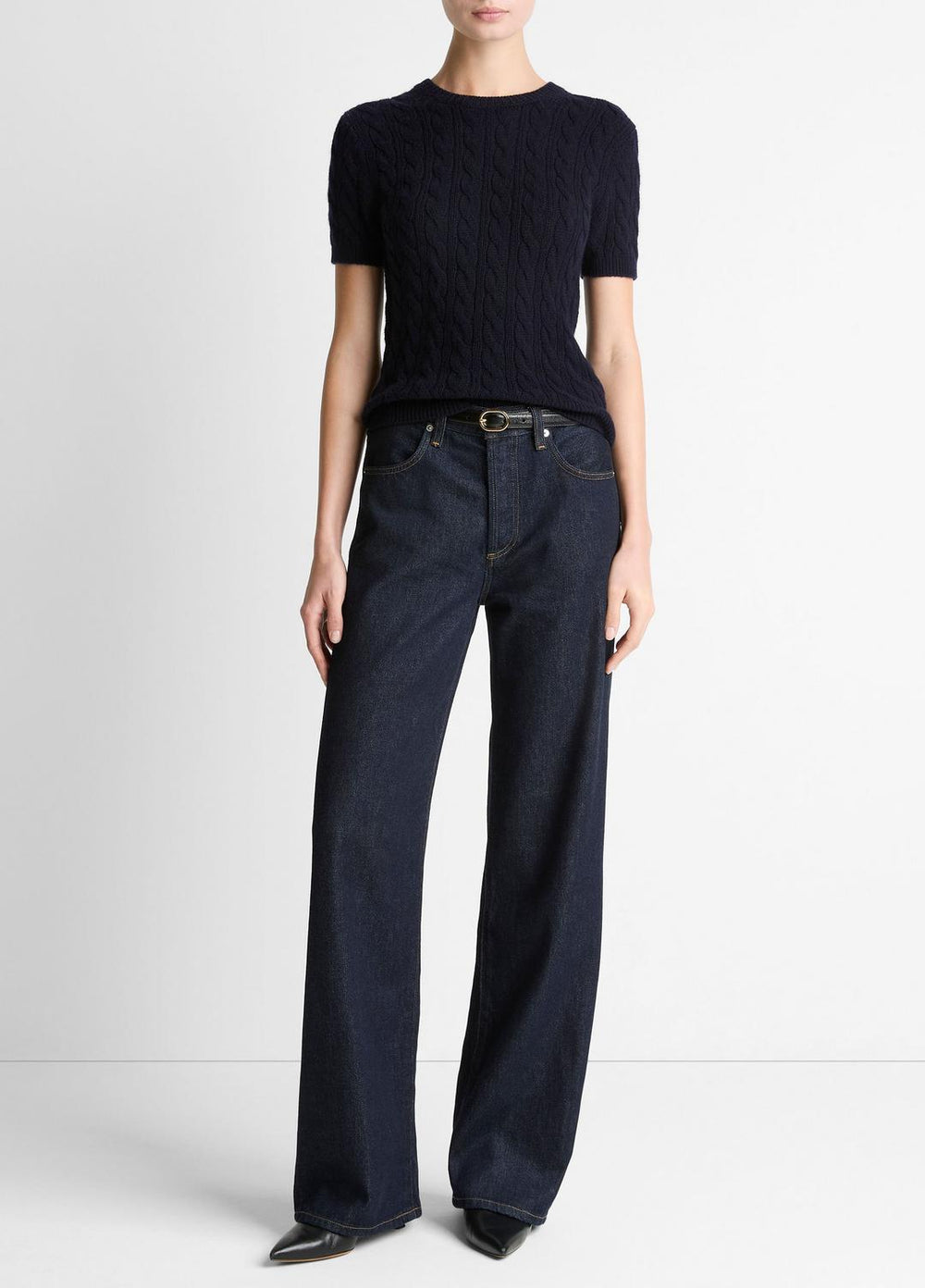 Cable-Knit Wool & Cashmere-Blend Short-Sleeve Sweater in Crew Neck - COASTAL BLUE | VINCE Women