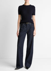 Cable-Knit Wool & Cashmere-Blend Short-Sleeve Sweater in Crew Neck - COASTAL BLUE | VINCE Women