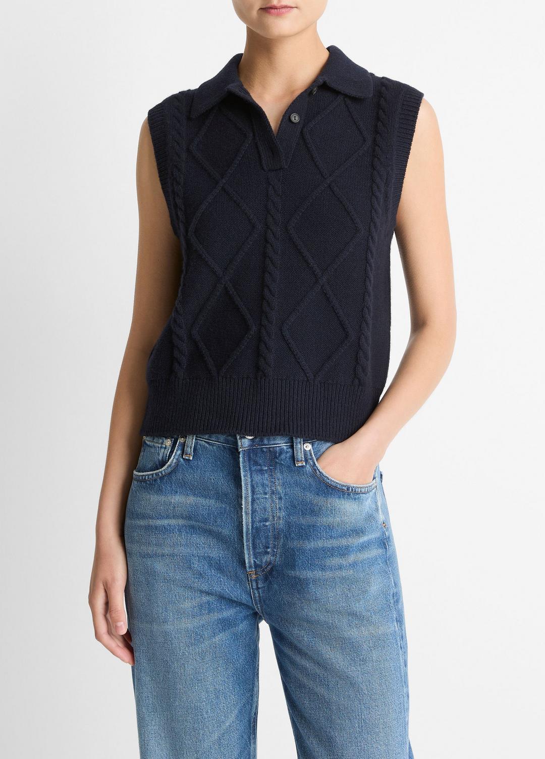 Cable-Knit Wool & Cotton-Blend Sweater Vest in V-Neck - COASTAL BLUE | VINCE Women