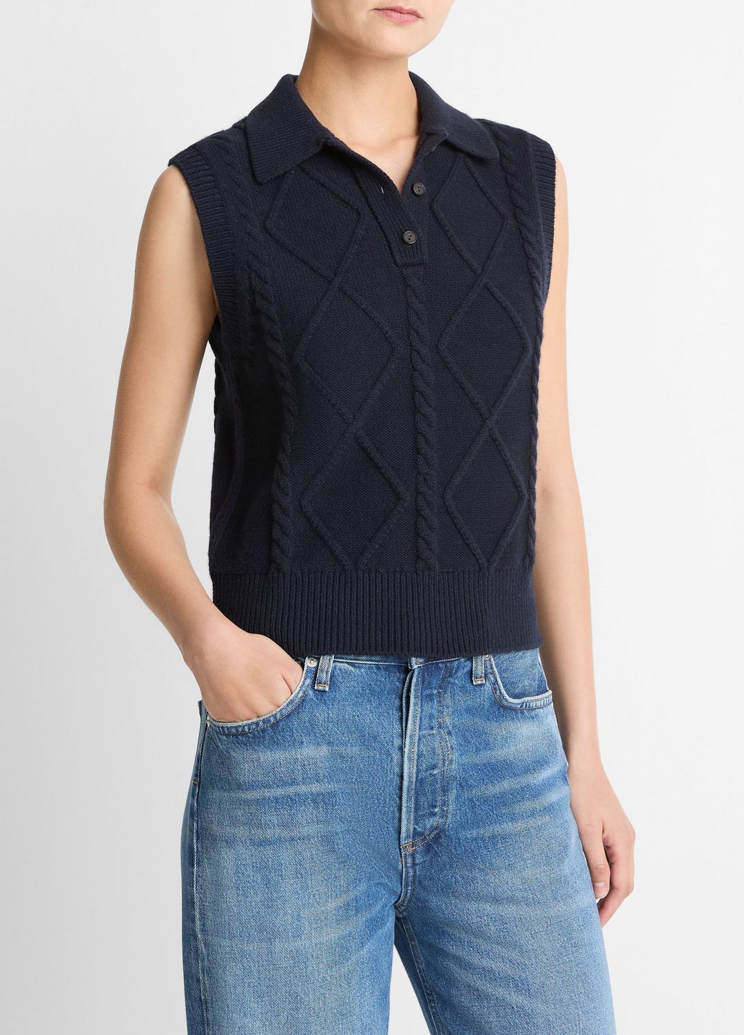 Cable-Knit Wool & Cotton-Blend Sweater Vest in V-Neck - COASTAL BLUE | VINCE Women