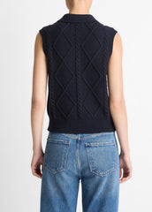 Cable-Knit Wool & Cotton-Blend Sweater Vest in V-Neck - COASTAL BLUE | VINCE Women