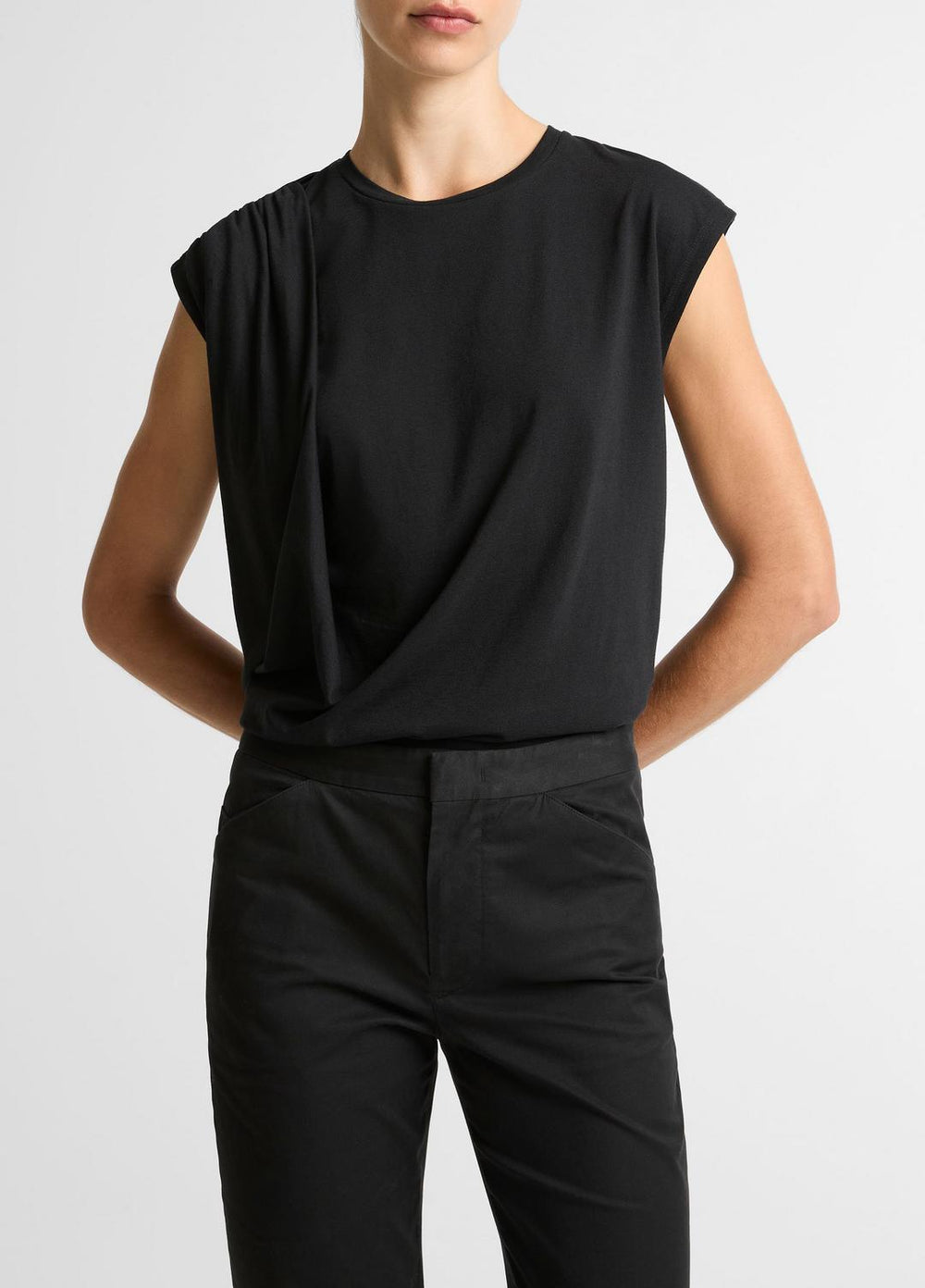 Pima Cotton-Blend Draped Relaxed Top in Tank Tops - BLACK | VINCE Women